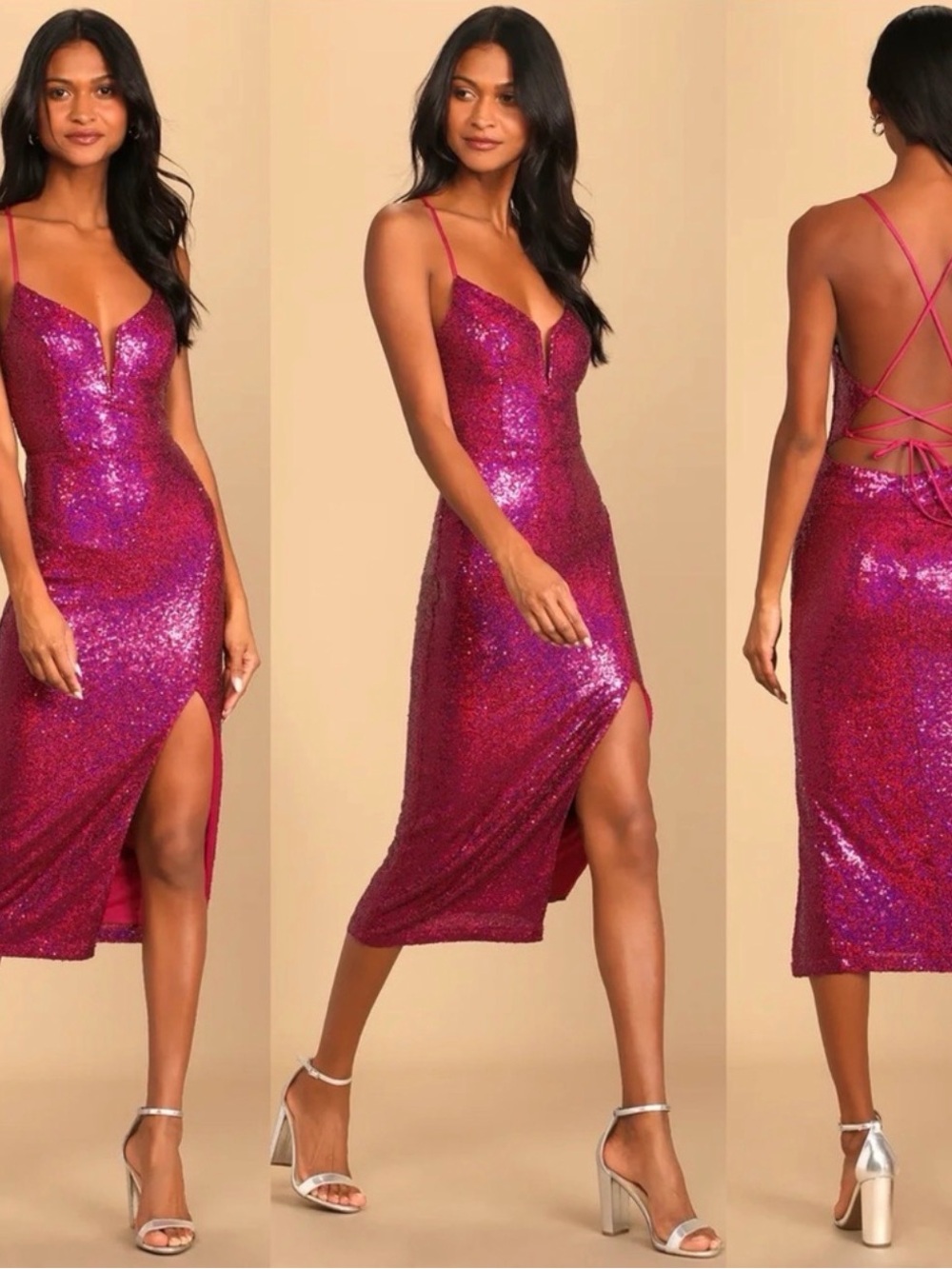 Sparkling Starlet Magenta Iridescent Sequin Lace-Up Midi Dress